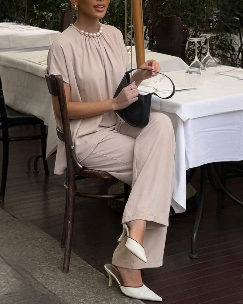 2 Pieces Outfit Elegant Pearl Embellished Split Sleeve Top and Casual Wide Leg Pants Set