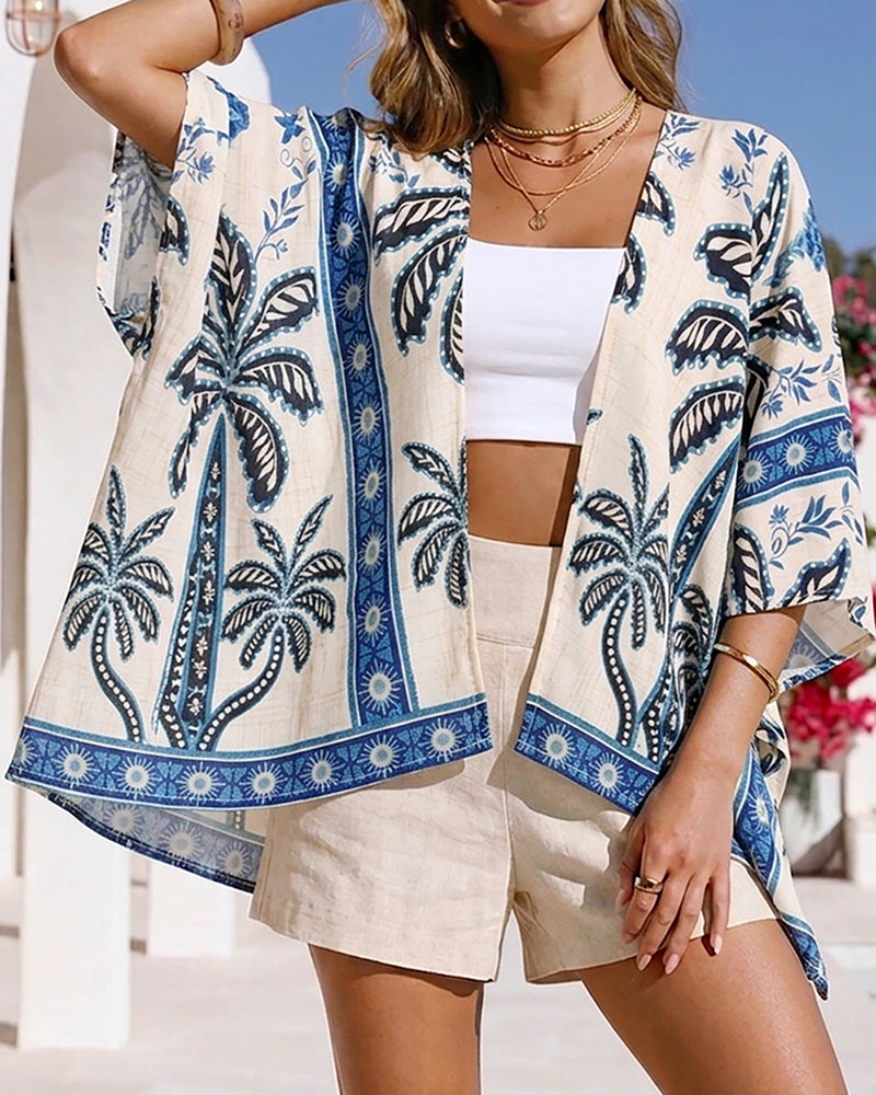 Vintage Tropical Plants & Floral Print Open Front Half Sleeve Cover-up Casual Hollow-out Back Loose Fit Cardigan