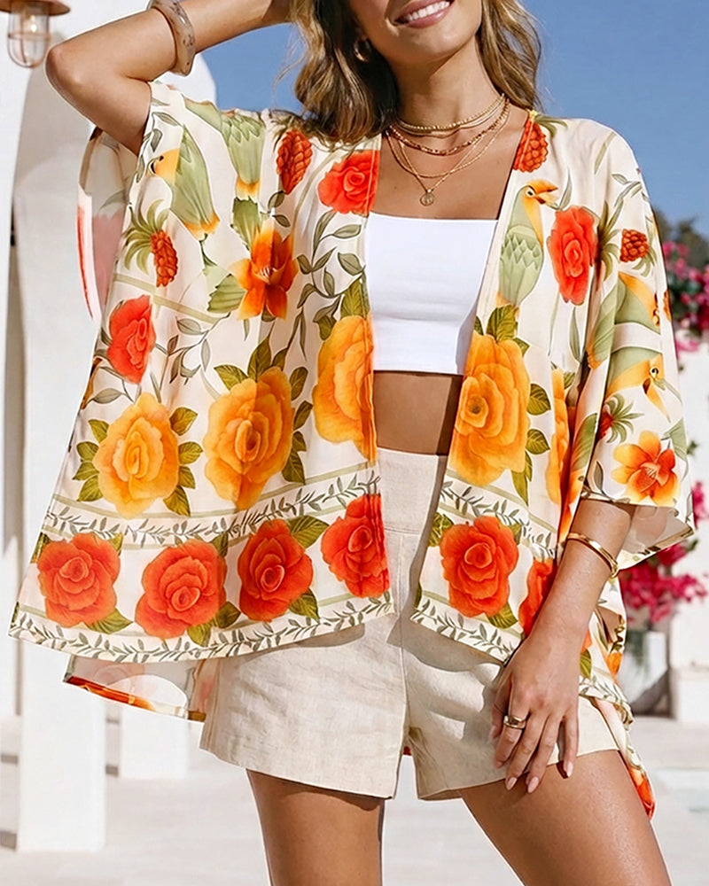 Tropical Floral & Animal Print Open Front Half Sleeve Cover-up Casual Hollow-out Back Loose Fit Cardigan