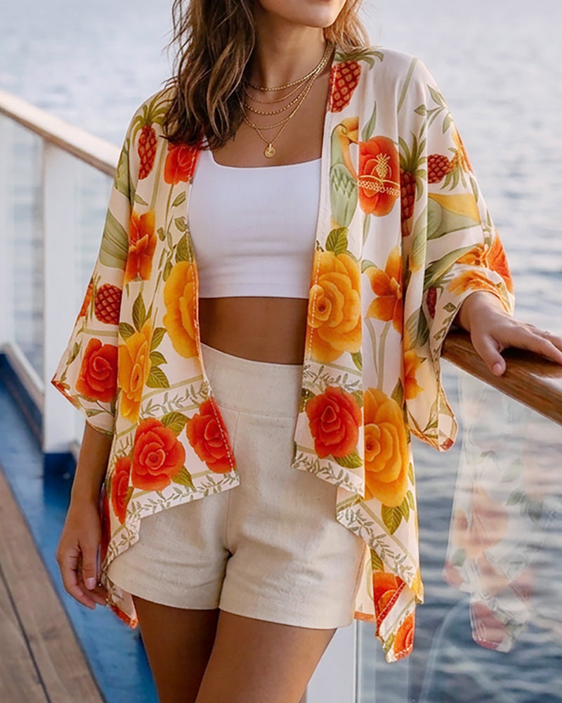 Tropical Floral & Animal Print Open Front Half Sleeve Cover-up Casual Hollow-out Back Loose Fit Cardigan