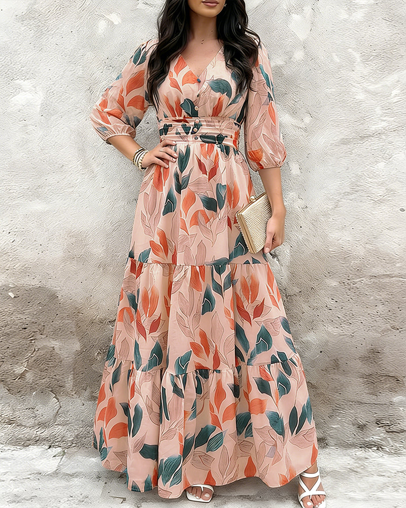 Plants Print V-Neck Half Sleeve Shirred Back Maxi Dress Casual Button Decor Ruched Ruffle Hem Vacation Dress
