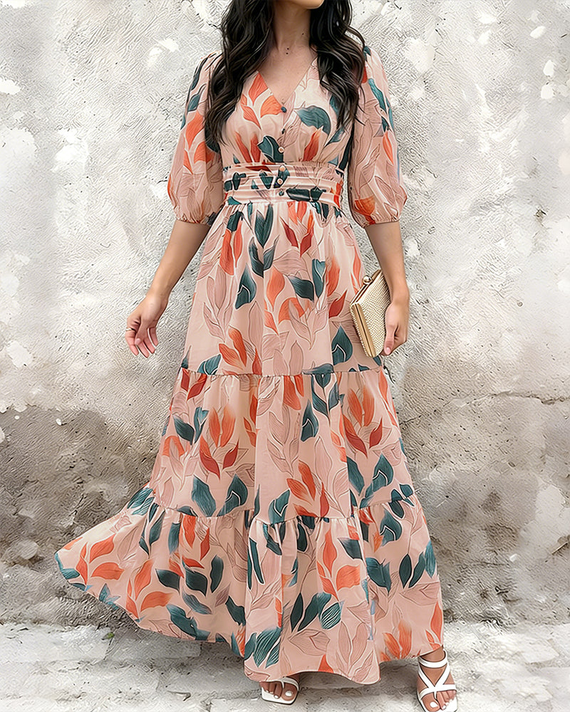 Plants Print V-Neck Half Sleeve Shirred Back Maxi Dress Casual Button Decor Ruched Ruffle Hem Vacation Dress