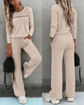 Women's Ribbed Knit Brushed Set Lace Patchwork Long Sleeve Top and Wide Leg Pants 2 Piece Lounge Set with Pockets