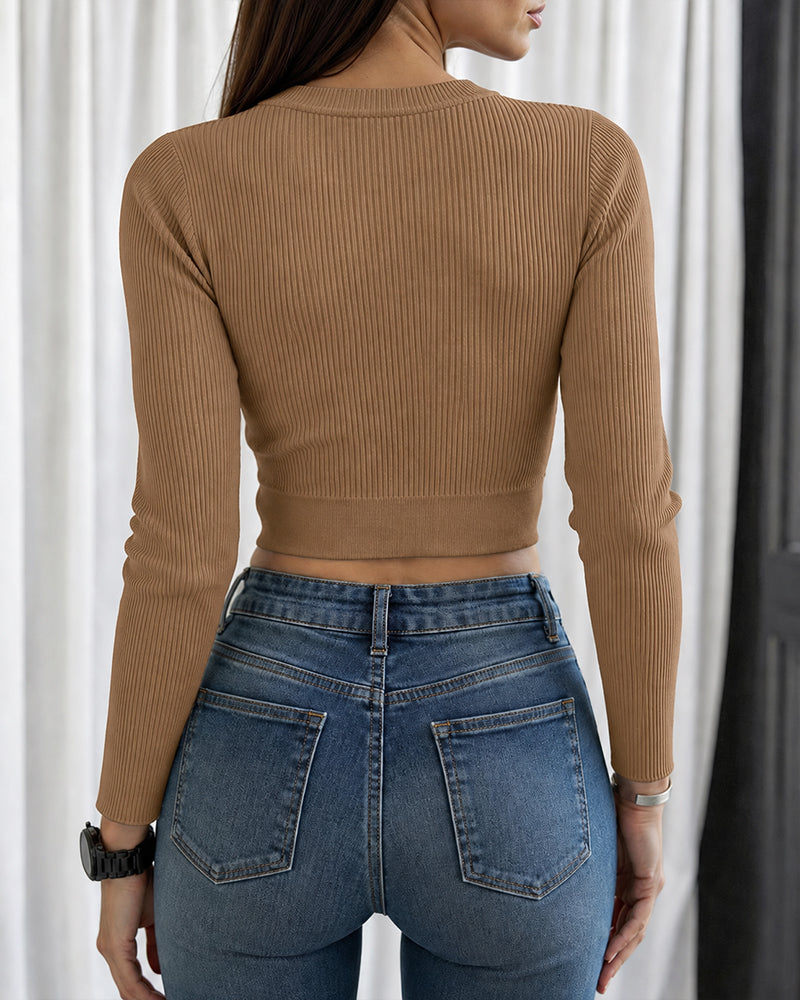 Women's Rhinestone Ribbed Knit Top Crisscross Cutout Waist Crop Tee Long Sleeve Slim Fit Layering Top