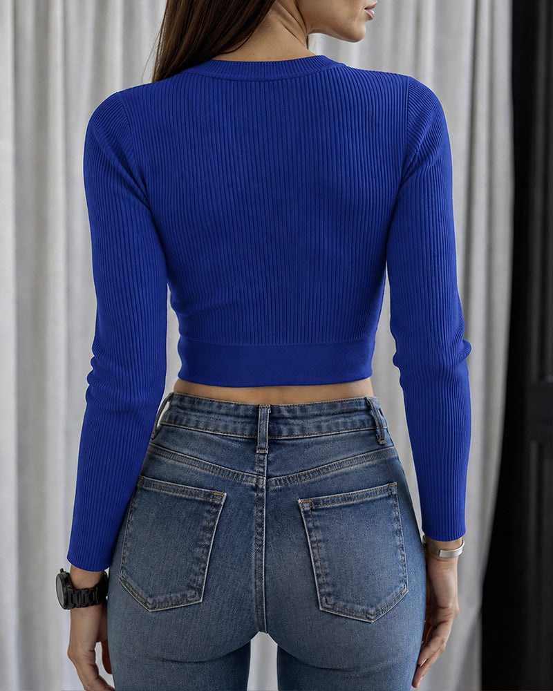 Women's Rhinestone Ribbed Knit Top Crisscross Cutout Waist Crop Tee Long Sleeve Slim Fit Layering Top
