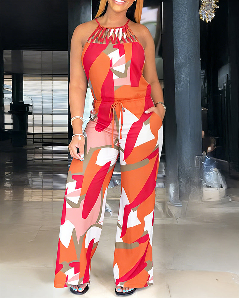 Women's Geometric Print Halter Tie Jumpsuit Criss Cross Neck Hollow Out Wide Leg Romper High Waist Drawstring Jumpsuit