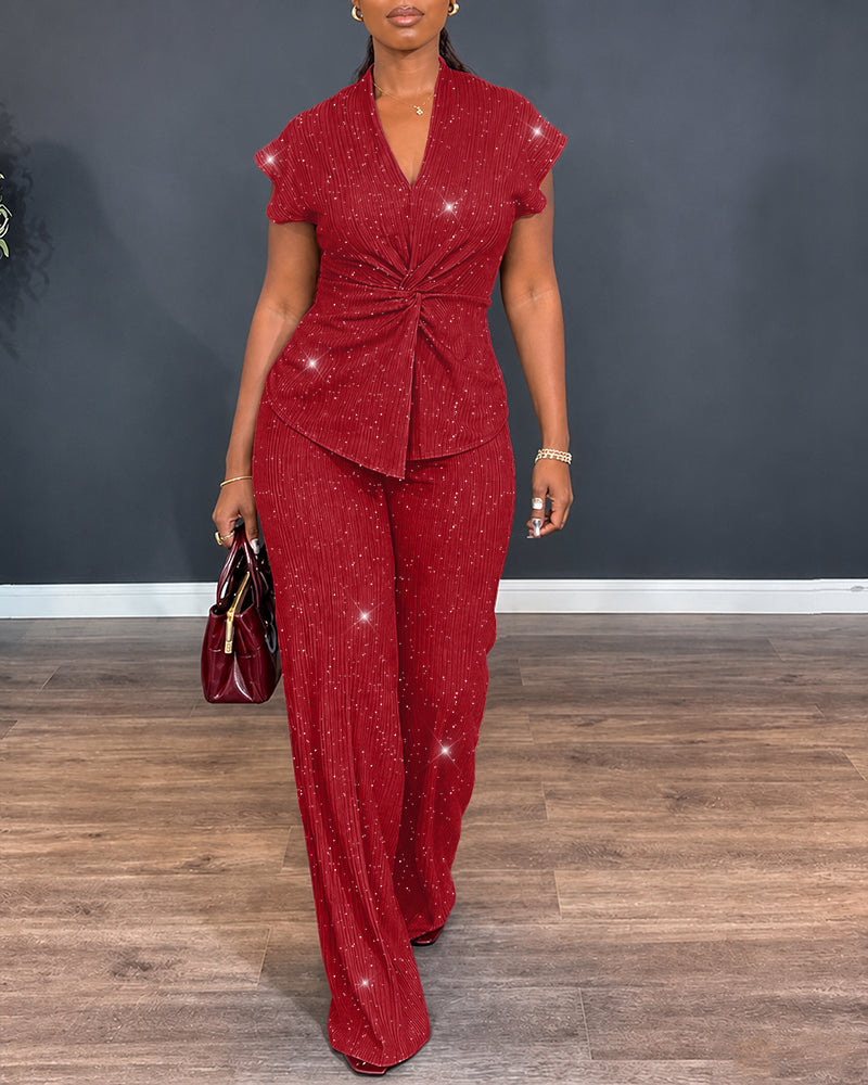 Women's Glitter Textured 2 Piece Outfits V Neck Twist Cap Sleeve Slit Top and High Waist Straight Leg Pants Set
