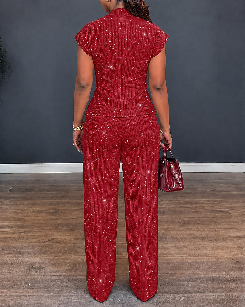 Women's Glitter Textured 2 Piece Outfits V Neck Twist Cap Sleeve Slit Top and High Waist Straight Leg Pants Set