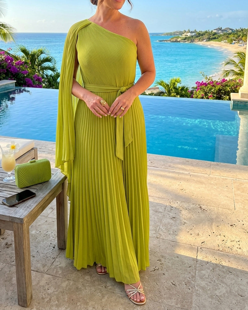 CHICME Women's One-Shoulder Pleated Maxi Dress Asymmetric Draped Cape Sleeve Twist Front Party Dress Elegant High-Waist Evening Dress