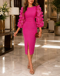 3D Polka Dot Appliques Mesh Lantern Sleeve Zipper Back Slit Work Dress Cinched Waist Slim Fit Mid Length Dress With Belt