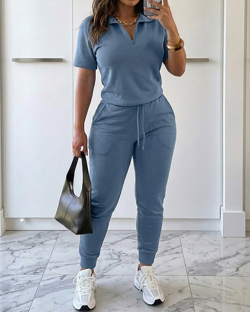 Women's 2-Piece Sporty Set Short Sleeve Half Zip Top and High Waisted Joggers Casual Lounge Outfit with Pockets
