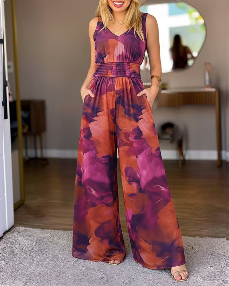 Women's Tie Dye Print Mesh Jumpsuit V Neck Shirred Waist Wide Leg Overalls Backless Sleeveless Jumpsuit with Pockets