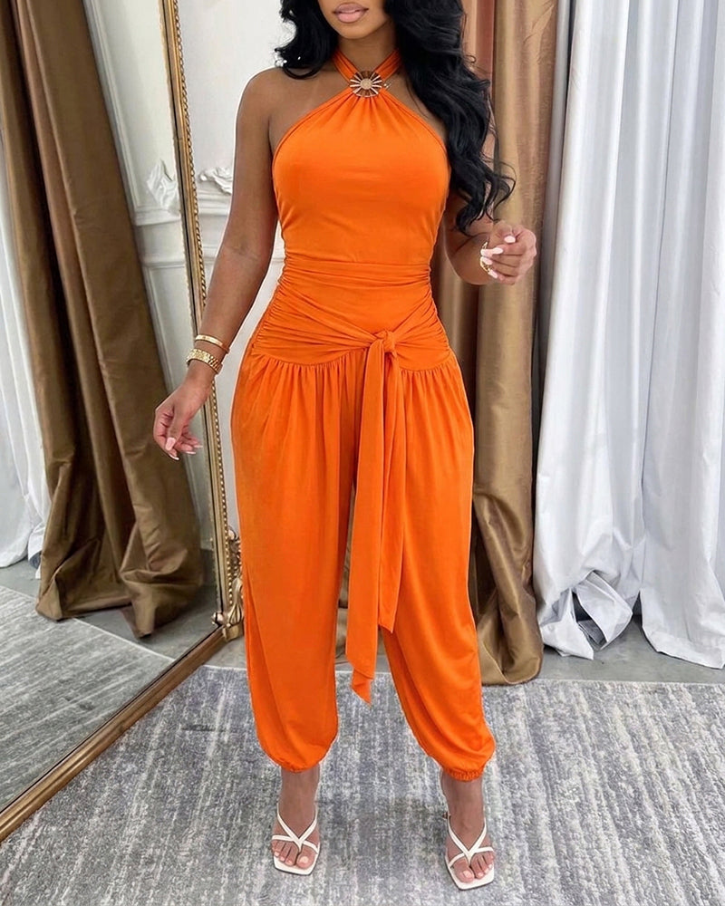 Women's Gold Decor Halter Tie Jumpsuit Sexy Backless Ruched Lantern Overalls Casual Vacation Jumpsuit