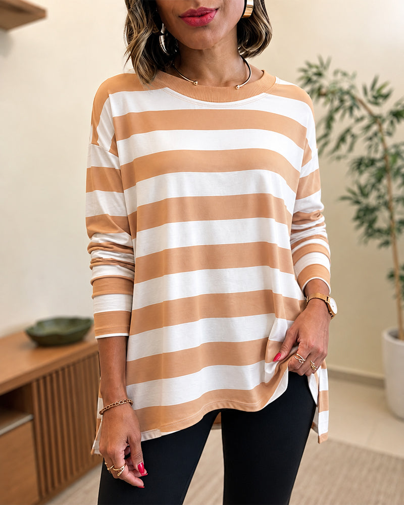 Women's Striped T Shirt Long Sleeve Drop Shoulder Crewneck Tee Side Slit Casual Loose Fit Top