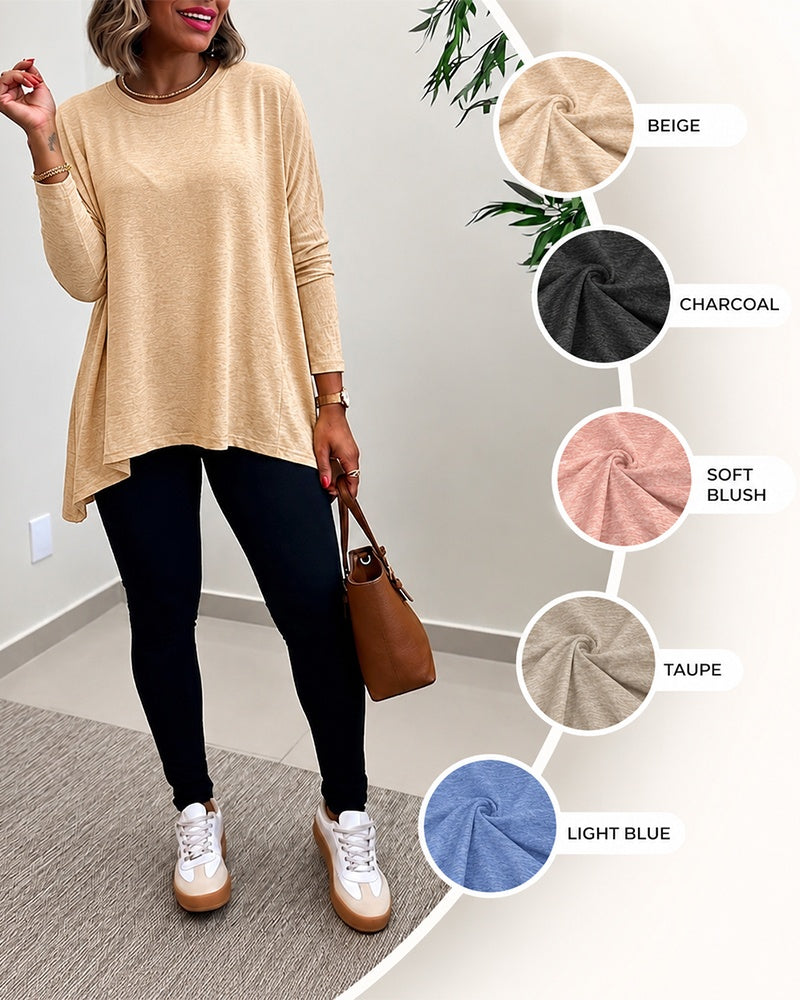 Women's Asymmetric Hem Long Sleeve Top Loose Fit Dropped Shoulder Crewneck Soft Slouchy Casual Tee