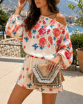 Women's Floral Butterfly Print 2-Piece Set Off-Shoulder Lantern Sleeve Top and High-Waisted Shorts Casual Vacation Outfit