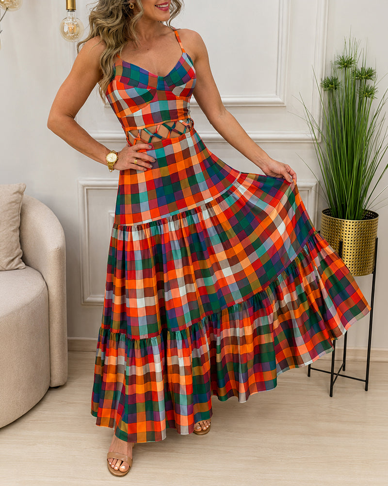 Women's Colorblock Plaid Hollow-out Maxi Dress V Neck Backless Ruffle Cami Dress Casual Shirred Beach Sundress