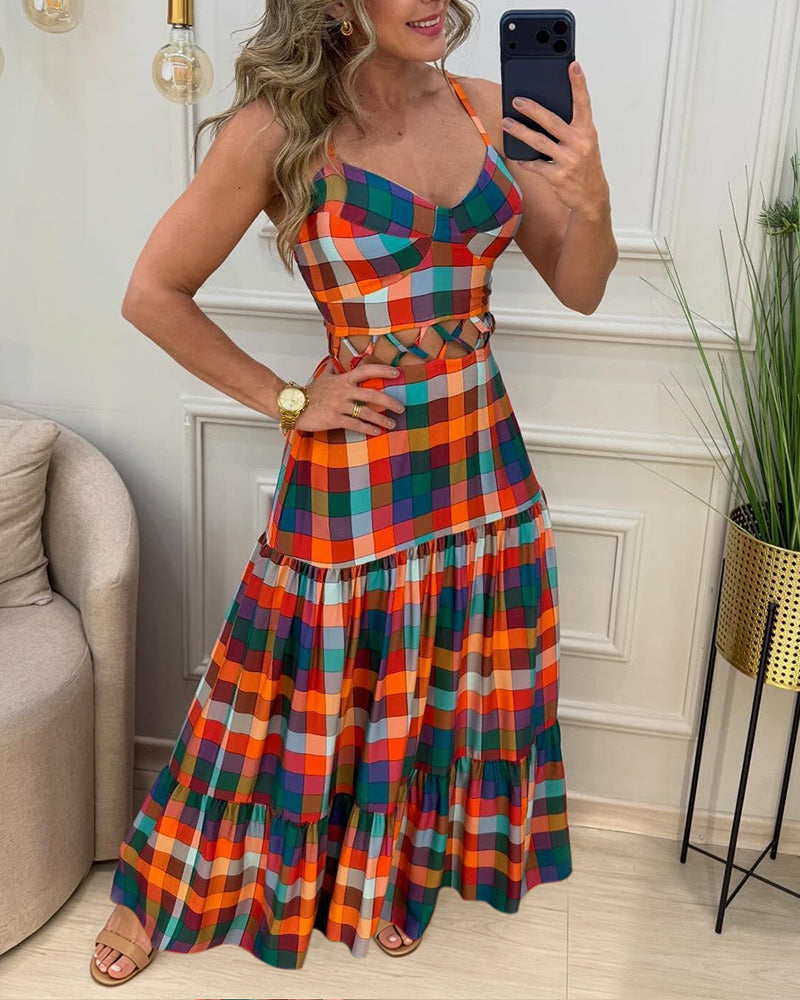 Women's Colorblock Plaid Hollow-out Maxi Dress V Neck Backless Ruffle Cami Dress Casual Shirred Beach Sundress