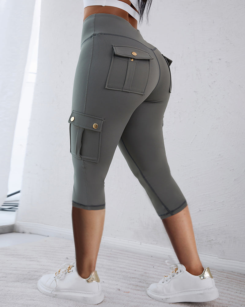 Butt Lifting Biker Capris Leggings High Waist Flap Pocket Workout Capris Gym Pants