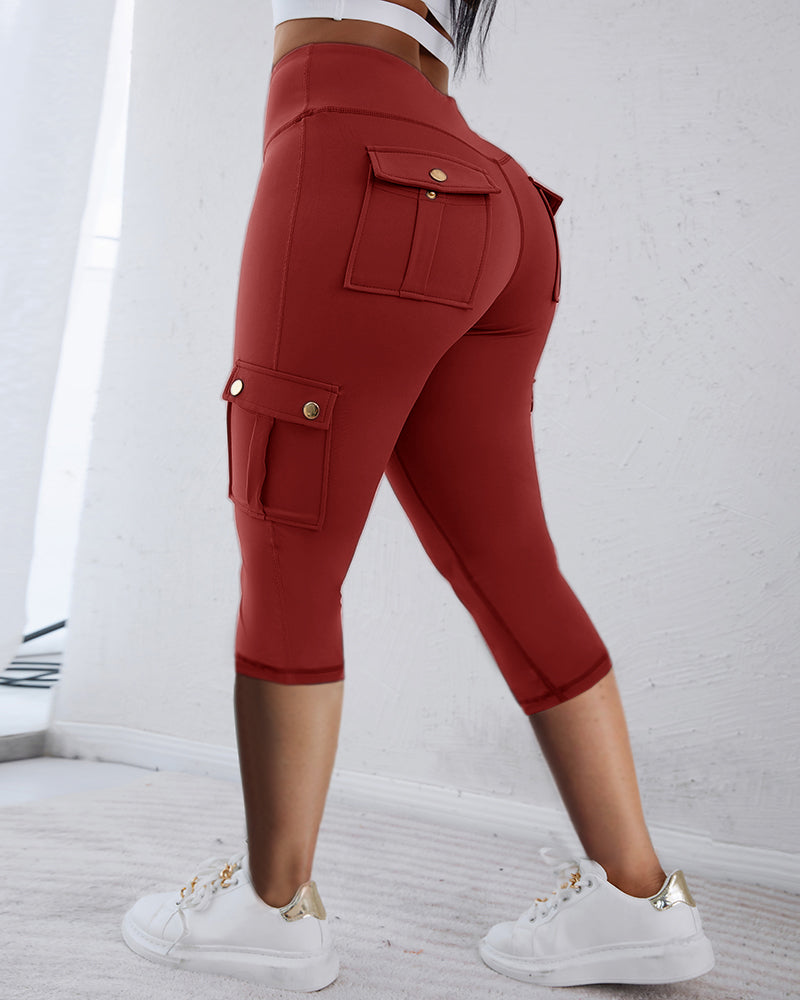 Butt Lifting Biker Capris Leggings High Waist Flap Pocket Workout Capris Gym Pants