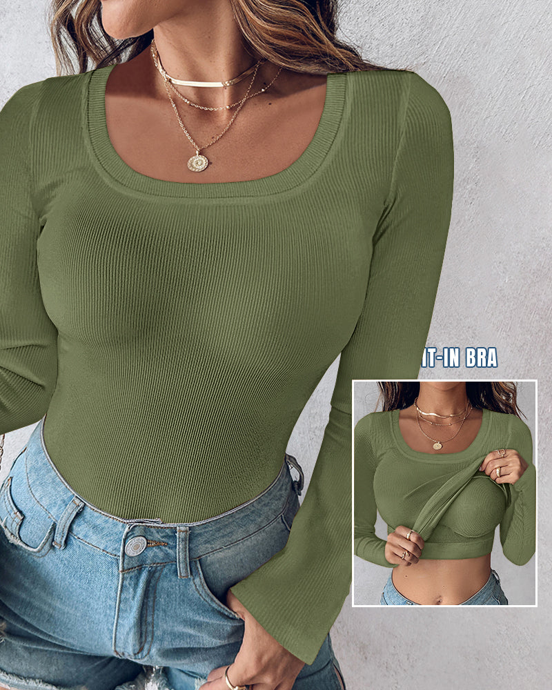 ChicMe Built-in Bra U-Neck Long Sleeve Ribbed Top