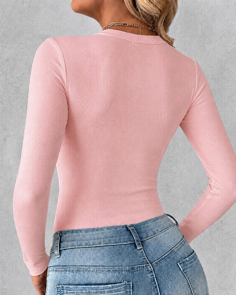 Women's Crewneck Long Sleeve Ribbed Knit Top Slim Fit Base Layer Shirt Soft Stretchy Casual Tee with Built-in Bra