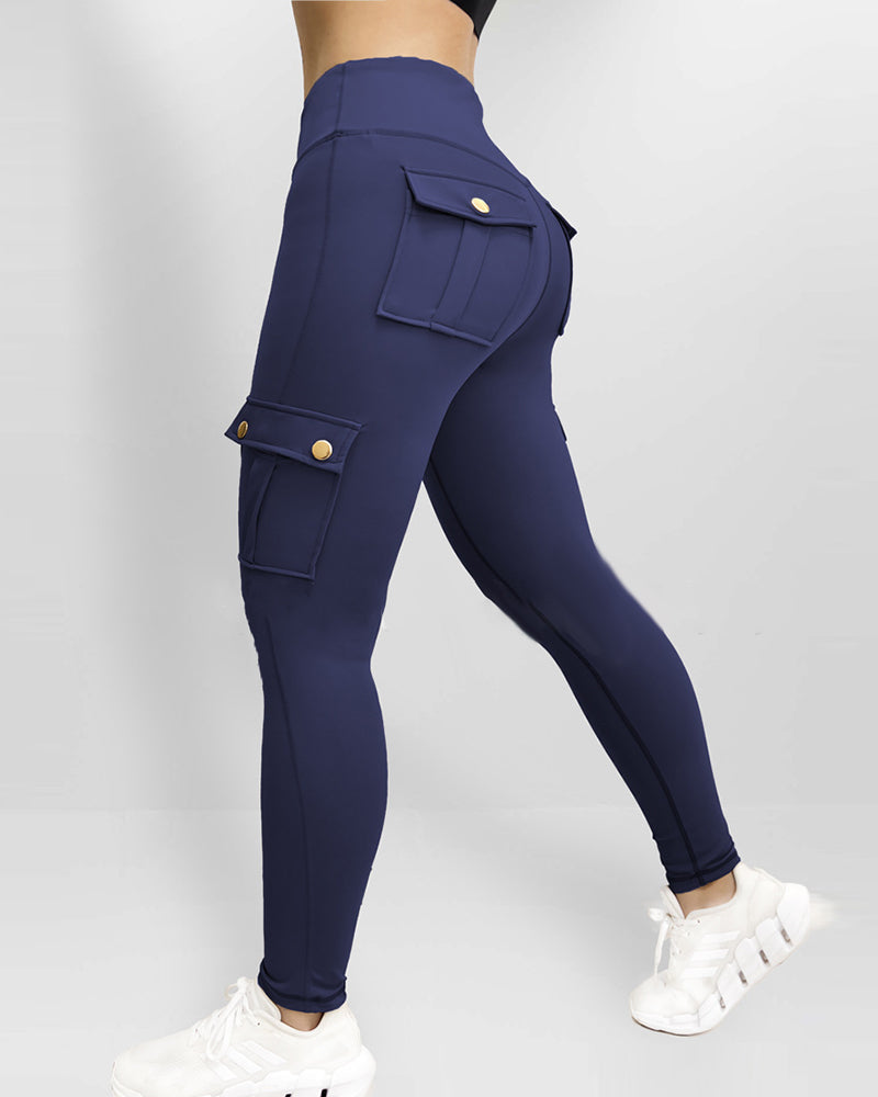 Butt Lifting Leggings with Flap Pockets High Waist Tummy Control Workout Cargo Pants