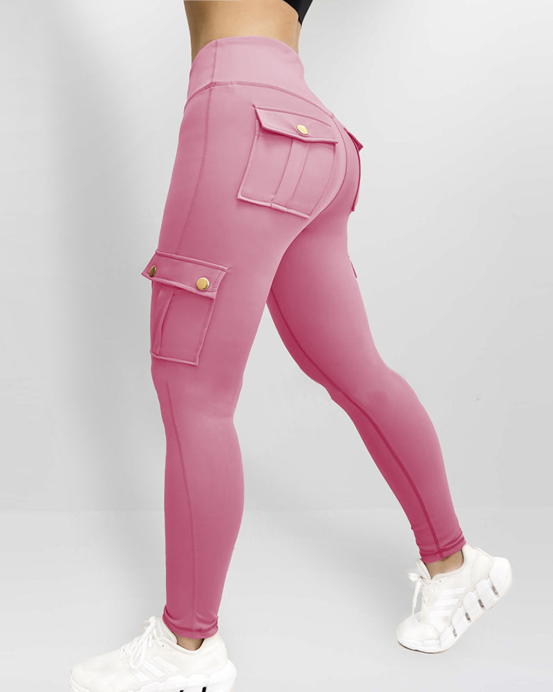 Butt Lifting Leggings with Flap Pockets High Waist Tummy Control Workout Cargo Pants