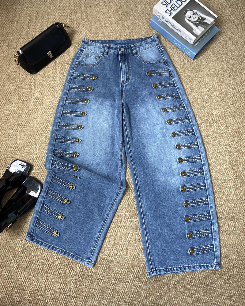 Women's Wide Leg Jeans High Waisted Side Button Denim Pants Distressed Washed Trousers Retro Y2K Streetwear
