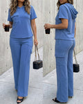 Women's Two Piece Outfits Short Sleeve Hoodie Top and High Waist Cargo Straight Leg Pants Set Casual Lounge Tracksuit