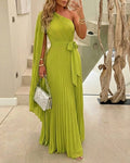 CHICME Women's One-Shoulder Pleated Maxi Dress Asymmetric Draped Cape Sleeve Twist Front Party Dress Elegant High-Waist Evening Dress