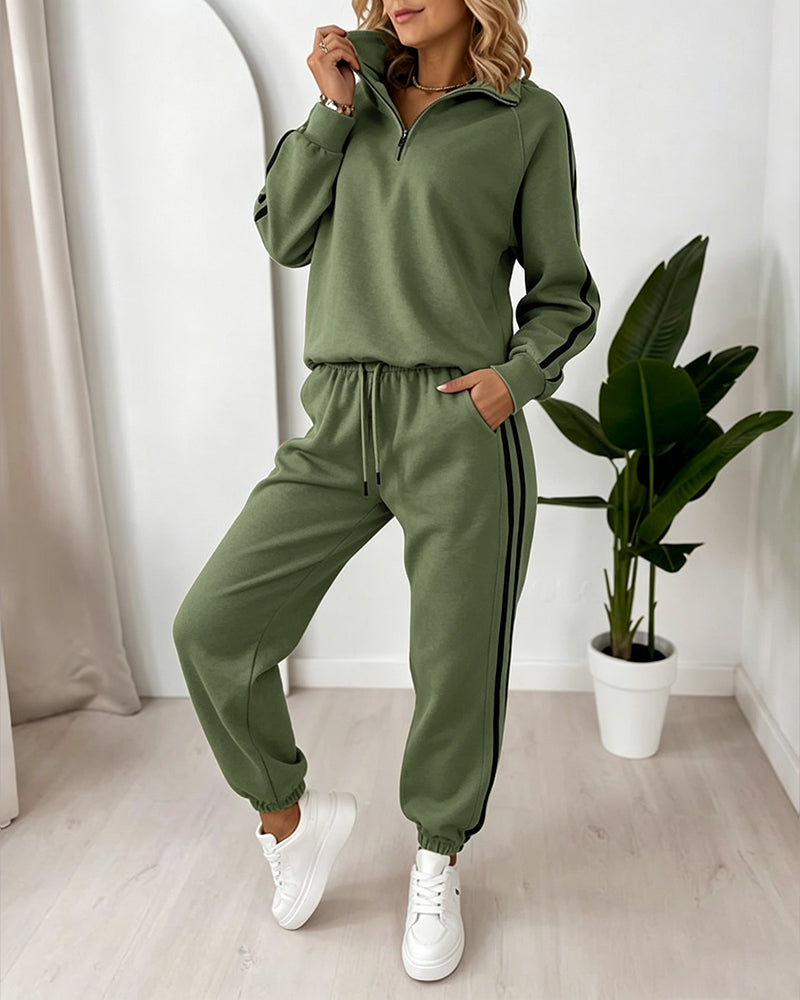 Women's Contrast Side Stripe Two Piece Sweatsuit Half Zip Sweatshirt and High Waisted Joggers Set Casual Tracksuit