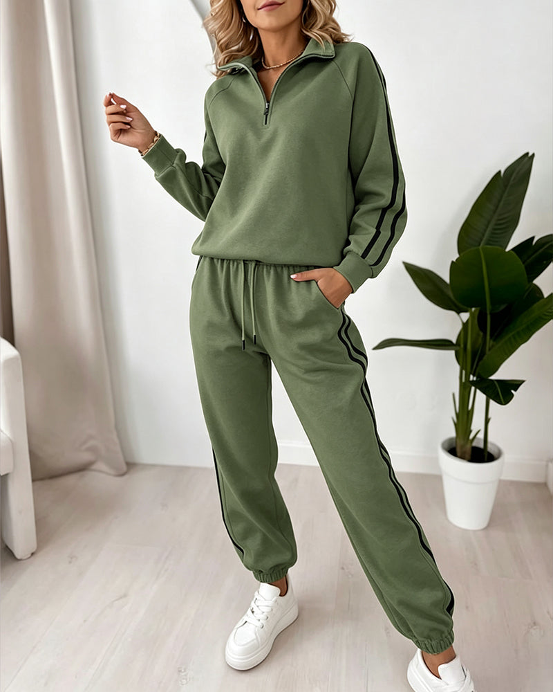 Women's Contrast Side Stripe Two Piece Sweatsuit Half Zip Sweatshirt and High Waisted Joggers Set Casual Tracksuit