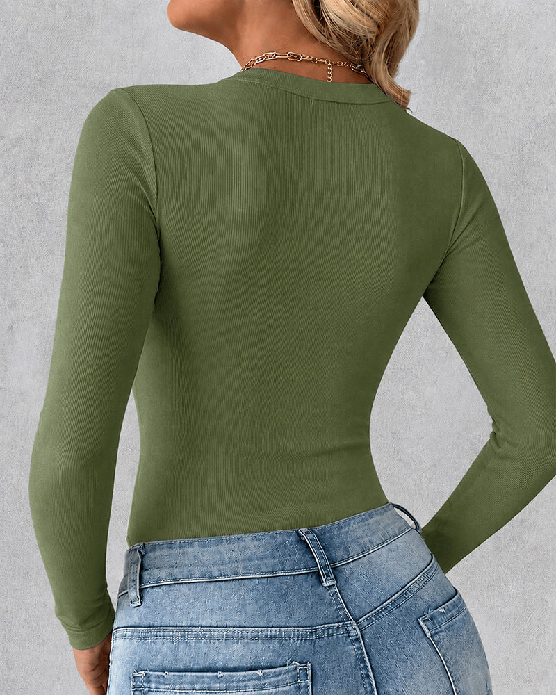 Women's Crewneck Long Sleeve Ribbed Knit Top Slim Fit Base Layer Shirt Soft Stretchy Casual Tee with Built-in Bra