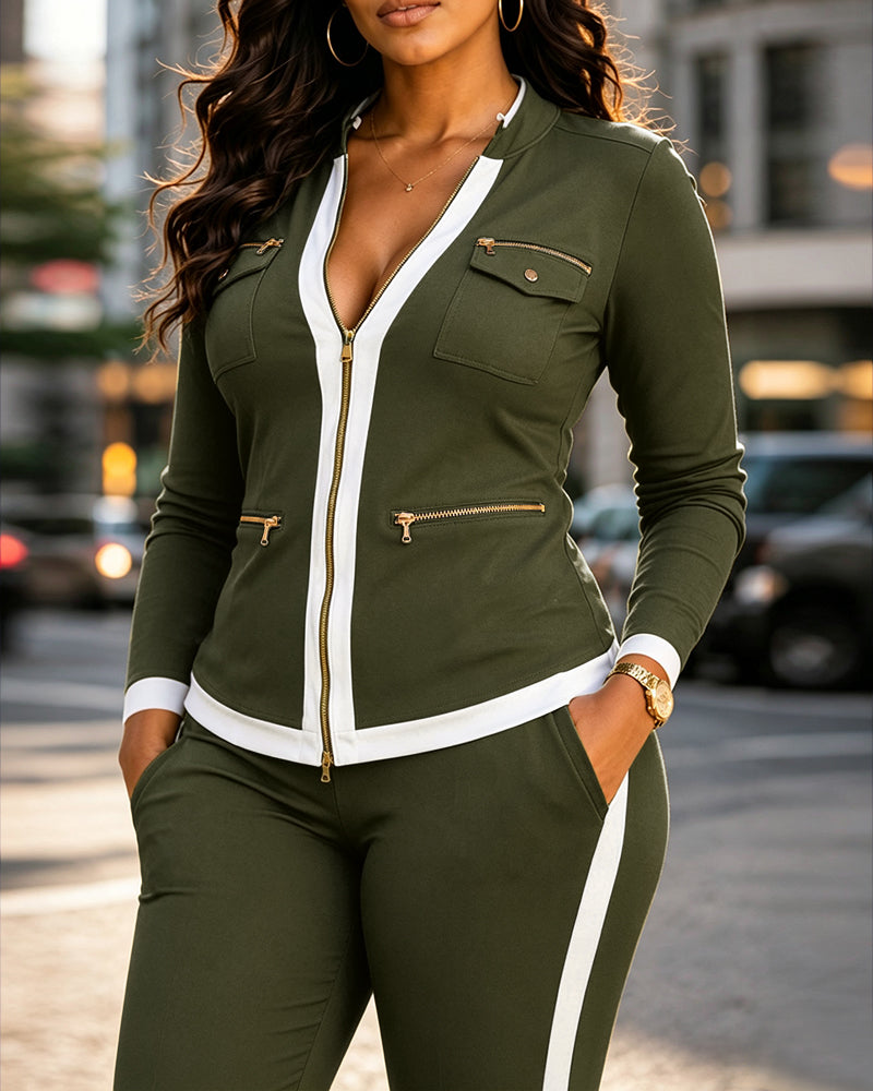 Women's 2 Piece Set Two-Way Zipper Front Stand Collar Top and High Waist Straight Leg Pants Casual Tracksuit