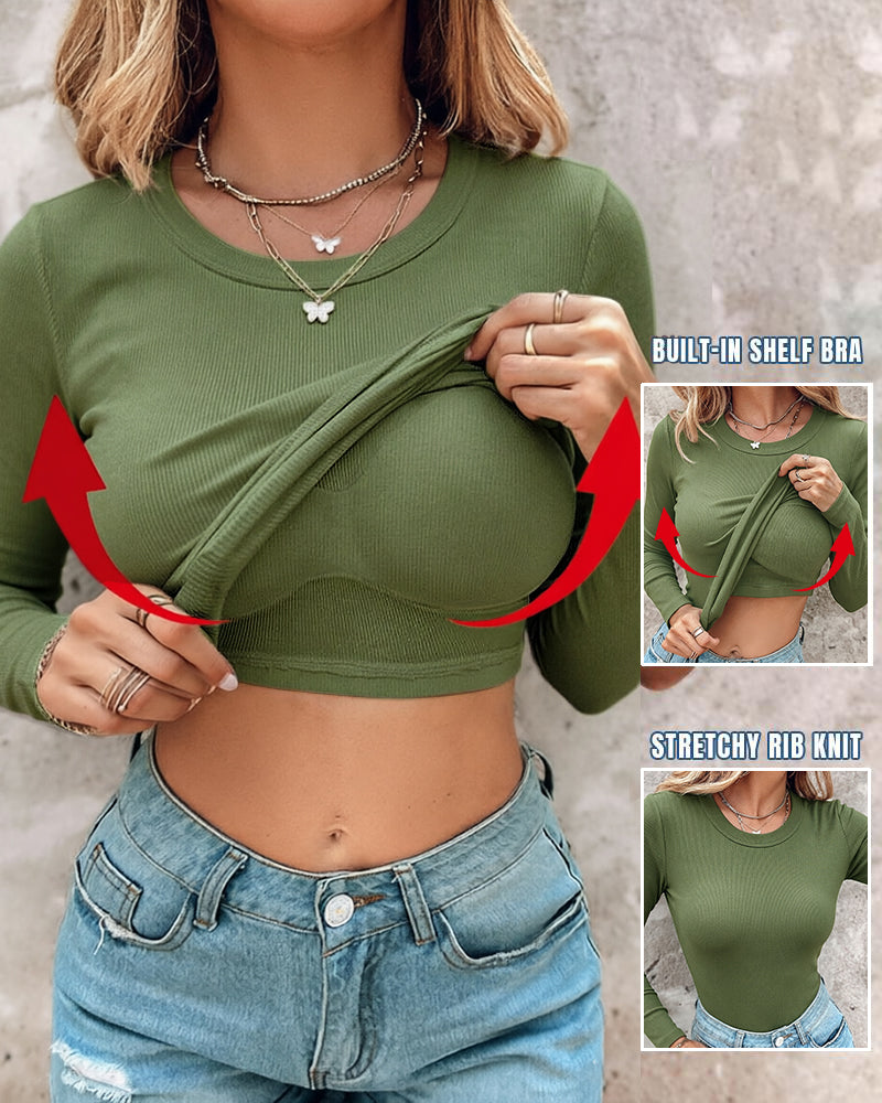 Women's Crewneck Long Sleeve Ribbed Knit Top Slim Fit Base Layer Shirt Soft Stretchy Casual Tee with Built-in Bra