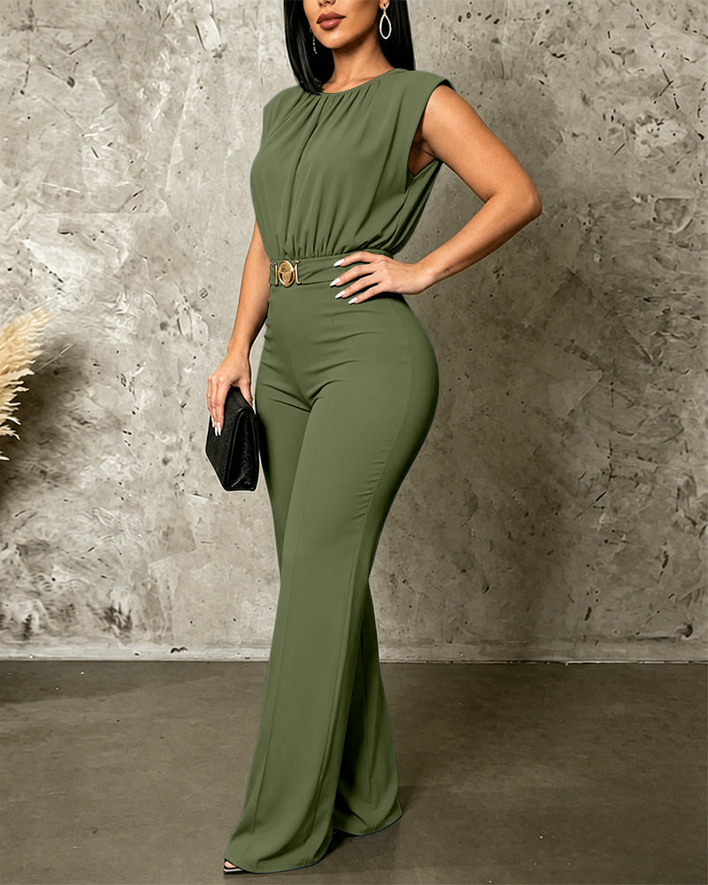 Women's Sleeveless Jumpsuit Shoulder Pad Ruched Round Neck Backless Overalls Elegant Flared Jumpsuit with Gold Belt