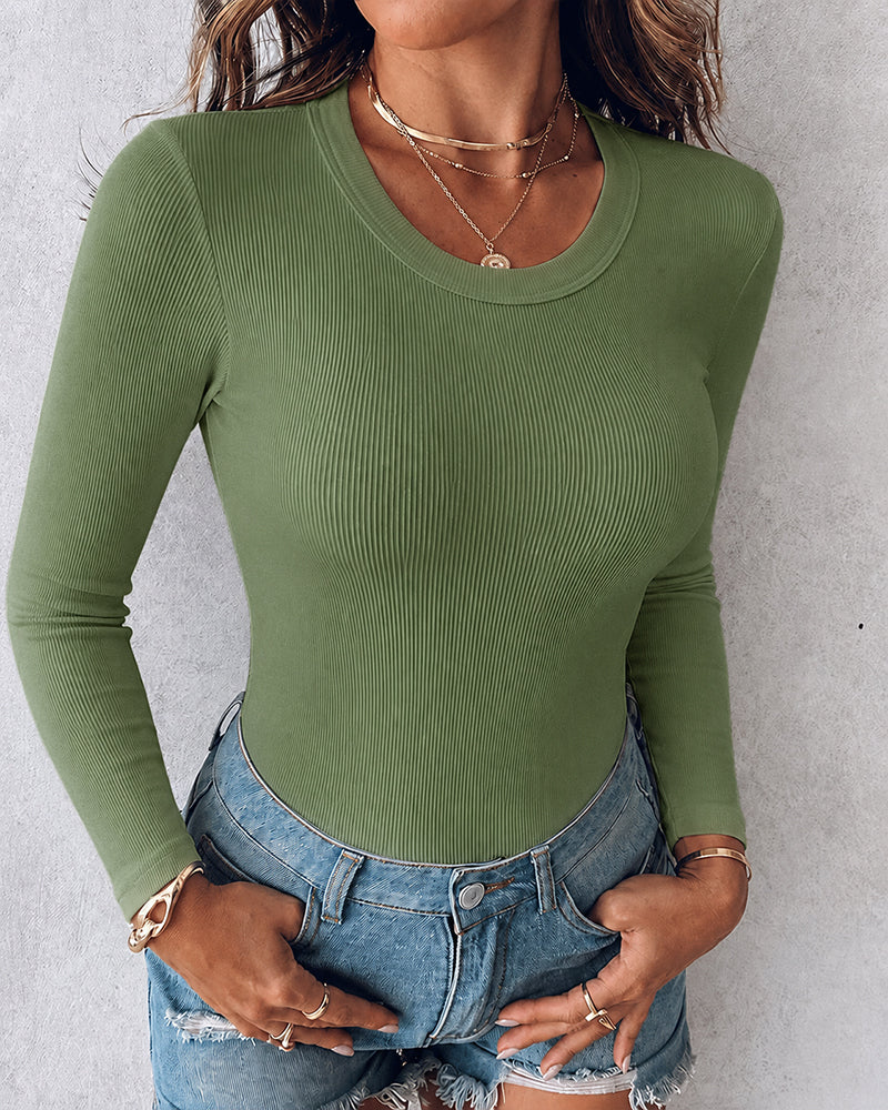 Women's Crewneck Long Sleeve Ribbed Knit Top Slim Fit Base Layer Shirt Soft Stretchy Casual Tee with Built-in Bra