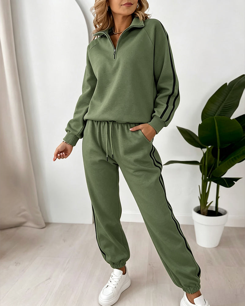 Women's Contrast Side Stripe Two Piece Sweatsuit Half Zip Sweatshirt and High Waisted Joggers Set Casual Tracksuit