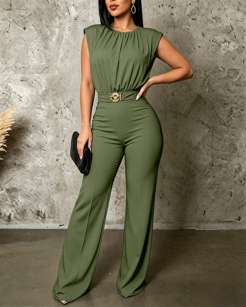 Women's Sleeveless Jumpsuit Shoulder Pad Ruched Round Neck Backless Overalls Elegant Flared Jumpsuit with Gold Belt