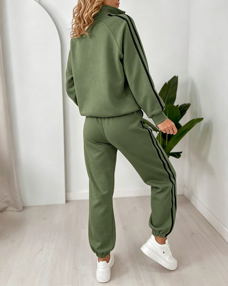 Women's Contrast Side Stripe Two Piece Sweatsuit Half Zip Sweatshirt and High Waisted Joggers Set Casual Tracksuit