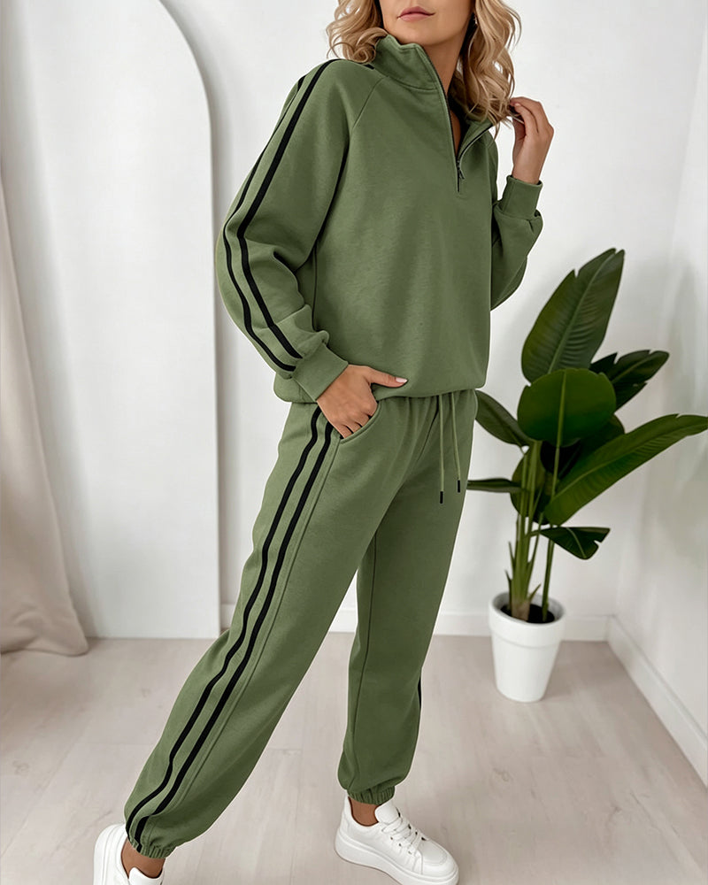 Women's Contrast Side Stripe Two Piece Sweatsuit Half Zip Sweatshirt and High Waisted Joggers Set Casual Tracksuit