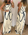 Abstract Print Square Neck Thick Strap Maxi Dress Elegant Side Slit Vacation Dress