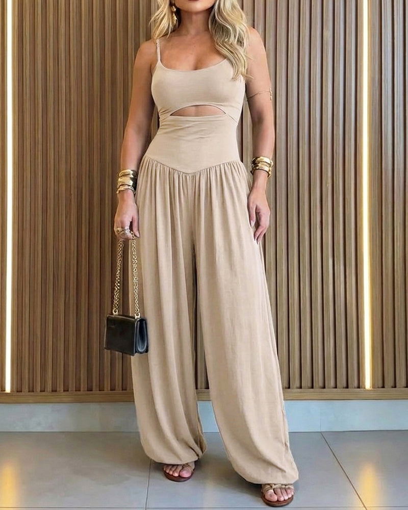 CHICME Women's Cut-out Waist Cami Jumpsuit Backless Tie-Back Lantern Romper Ruched High Waist Summer Jumpsuit