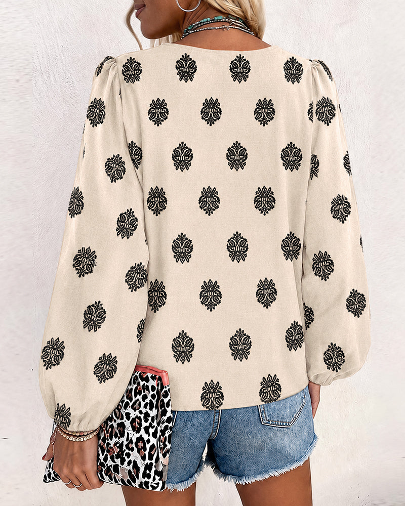 Vintage Baroque Placement Print V-Neck Lantern Sleeve Blouse Casual Long Sleeve Loose Fit Boho Top