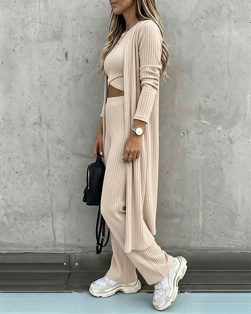 CHICME ESSENCE Women's 3 Piece Knit Set Long Cardigan Criss Cross Crop Tank Top and Wide Leg Pants Casual Ribbed Brushed Lounge Set