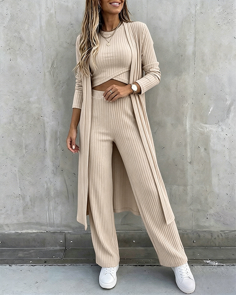 CHICME ESSENCE Women's 3 Piece Knit Set Long Cardigan Criss Cross Crop Tank Top and Wide Leg Pants Casual Ribbed Brushed Lounge Set