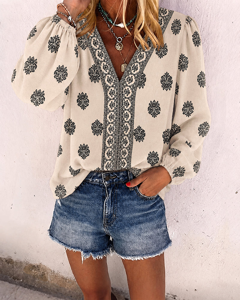 Vintage Baroque Placement Print V-Neck Lantern Sleeve Blouse Casual Long Sleeve Loose Fit Boho Top