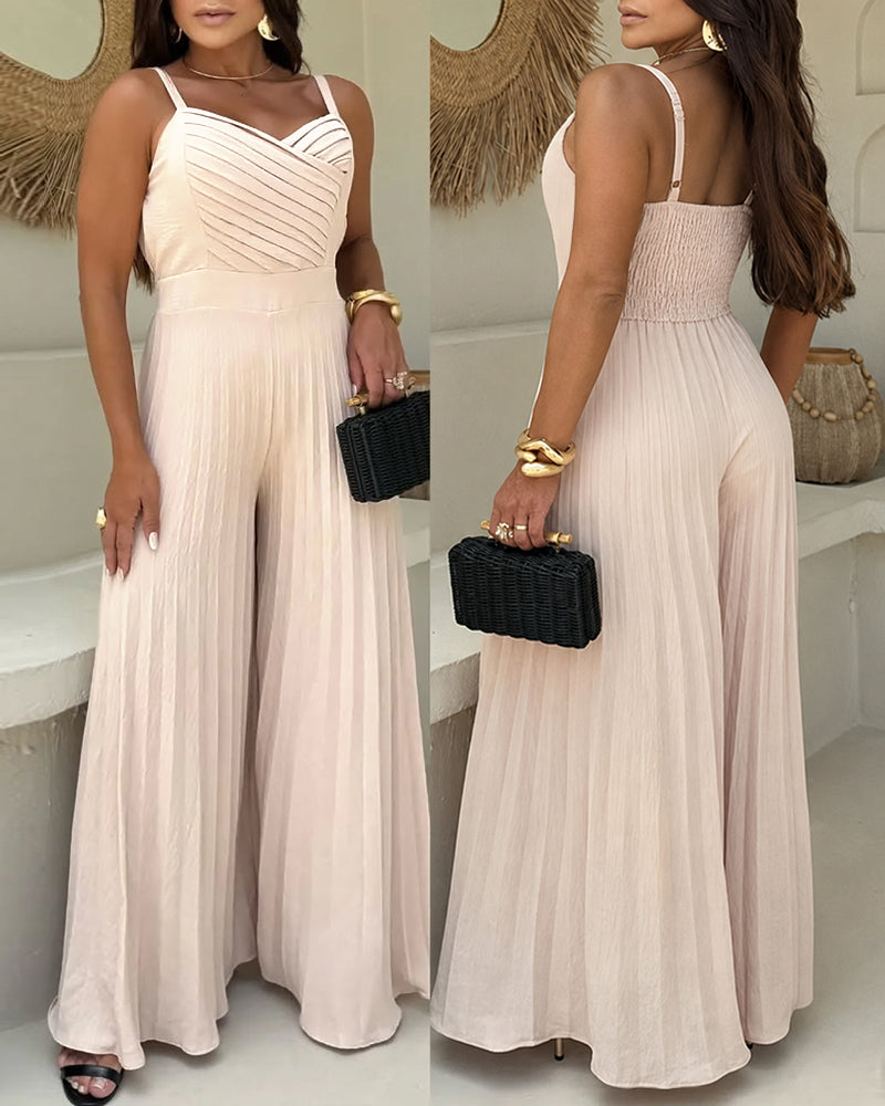 Women's Pleated Wide Leg Jumpsuit Spaghetti Strap High Waisted Shirred Backless Flared Overalls
