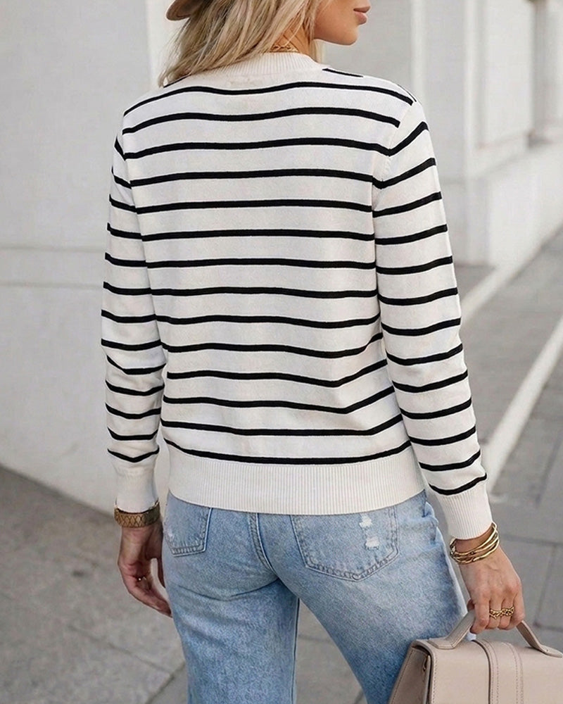 Women's Striped Knit Cardigan Casual Crewneck Button Down Sweater Vintage French Style Long Sleeve Top